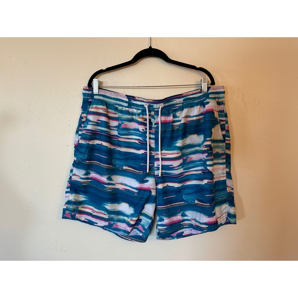 CSG Mens 2XL Swim Trunks Blue Pink Abstract Brushstroke Board Shorts Drawstring